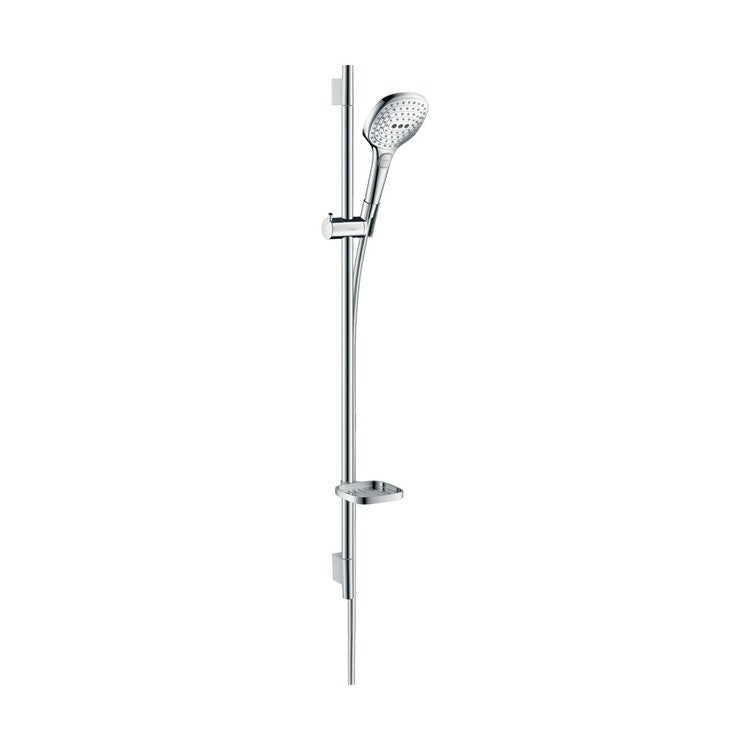 Hansgrohe Duschset 120, 3 Strahlarten, mit Duschstange 90 cm und Seifenhalter, Chrom- und Weiß-Finish RAINDANCE SELECT E 26621400