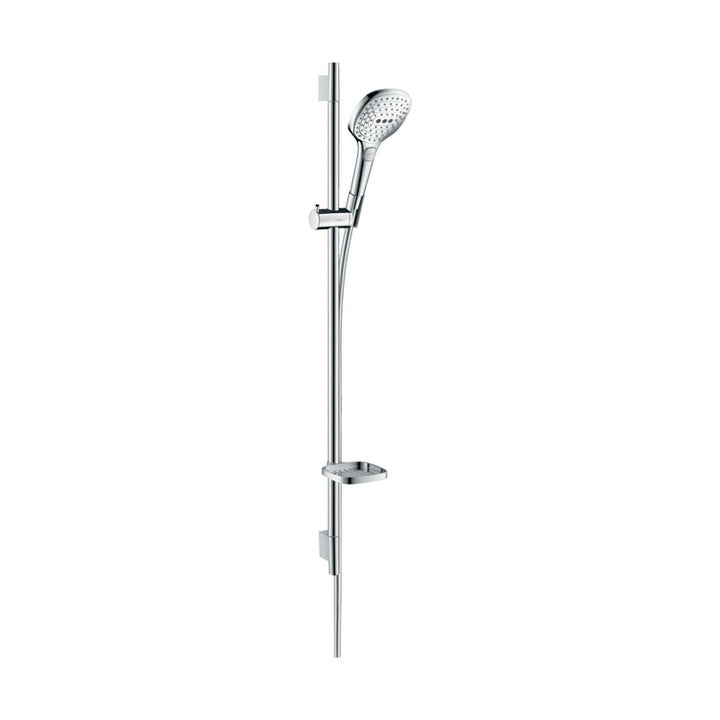 Hansgrohe Duschset 120, 3 Strahlarten, mit Duschstange 90 cm und Seifenhalter, Chrom- und Weiß-Finish RAINDANCE SELECT E 26621400