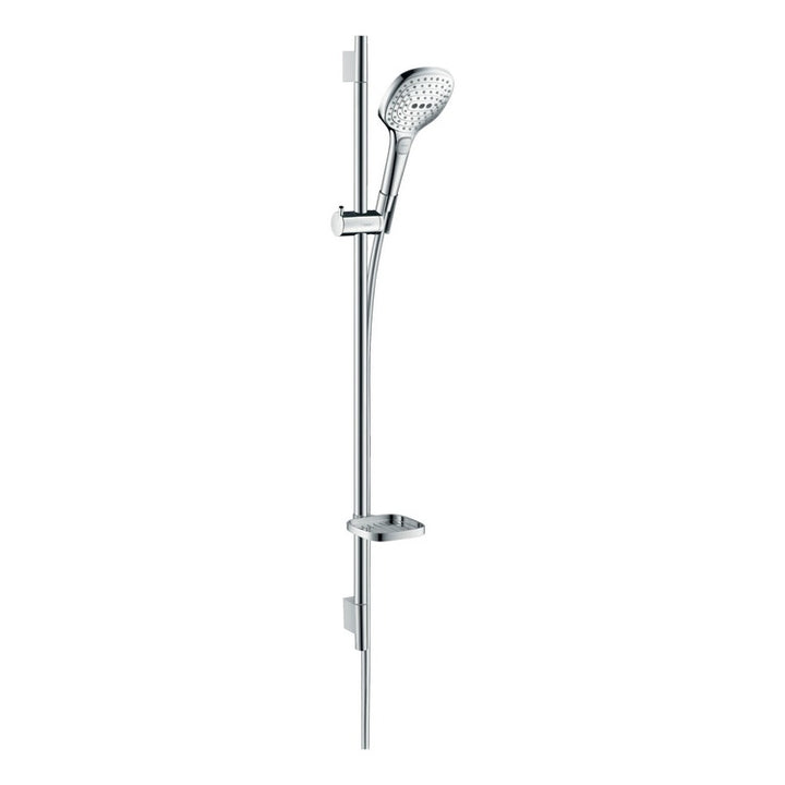 Hansgrohe Duschset 120, 3 Strahlarten, EcoSmart 9 l/min, mit Duschstange 90 cm und Seifenhalter, chrom-weiß RAINDANCE SELECT E 26623400