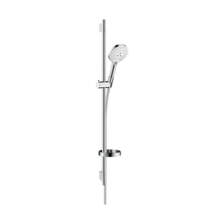 Hansgrohe Duschset 120, 3 Strahlarten, mit Duschstange 90 cm und Seifenhalter, Chrom- und Weiß-Finish RAINDANCE SELECT S 26631400