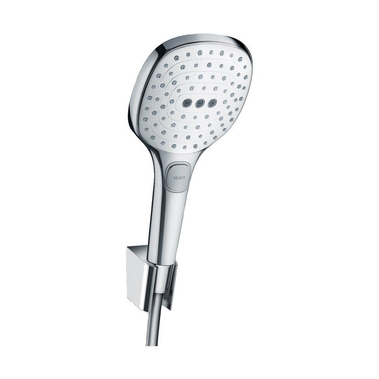Hansgrohe Duschset 120, 3 Strahlarten, mit Duschschlauch 160 cm, Chrom- und Weißoberfläche RAINDANCE SELECT E 26720400