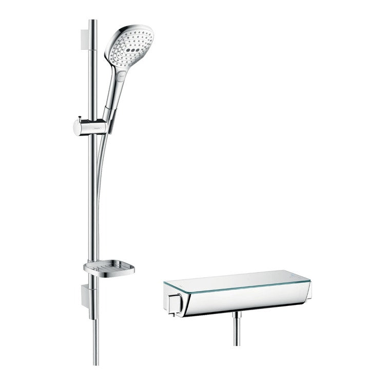 Hansgrohe Duschsystem außen 120, mit Thermostat ShowerTablet Select und Duschstange 65 cm, Chrom- und Weiß-Design RAINDANCE SELECT E 27038400