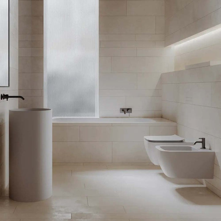 Hatria Wand-WC-Set, Pure Vortex ohne Rand mit Soft-Close-Sitz und Einloch-Bidet, Weiß, glänzende Oberfläche PLANETA 00Y9E501+00Y9E301+00Y9E801