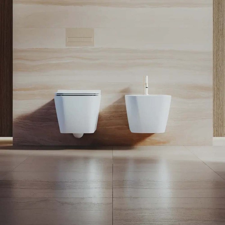 Hatria Wand-WC-Set, Pure Vortex ohne Rand mit Soft-Close-Sitz und Einloch-Bidet, Weiß, glänzende Oberfläche TECNA 00Y9DJ01+00Y9DG01+00Y9E701