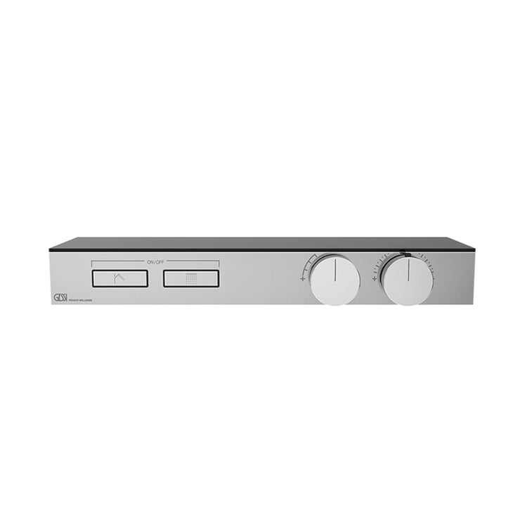 Gessi Thermostat-Mischer auf Regal, mit zwei unabhängigen Funktionen, mit Ein- und Ausschaltknöpfen, ohne Einbaukörper, Regal aus schwarzem gehärtetem Kristall, Chrom-Finish HI-FI SHELF 63022#031