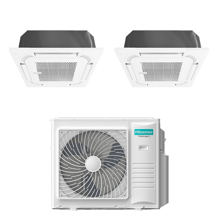 Hisense 2-fach-Split-Klimagerät Kassette 60x60, Inverter, Weiß – Außengerät R32 10 kW, Innengeräte 12000+18000 BTU 5AMW105U4RQC+ACT[35|52]UR4RCC8