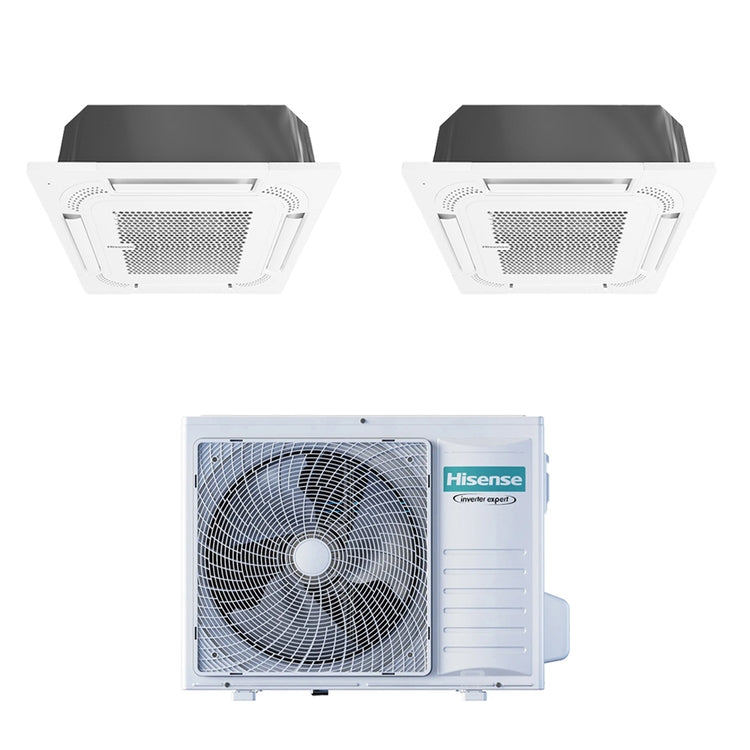Hisense 2-fach-Split-Klimagerät Kassette Gewerbe, Inverter, Weiß – Außengerät R32 5,2 kW, Innengeräte 9000+18000 BTU 3AMW52U4RJC+ACT[26|52]UR4RCC8