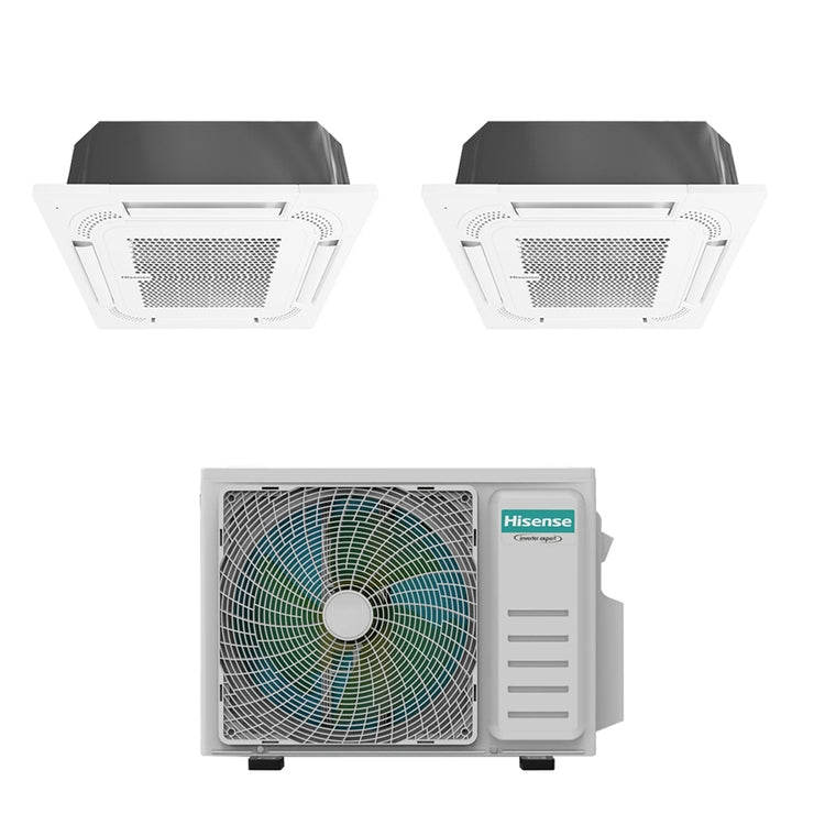 Hisense 2-fach-Split-Klimagerät Kassette Gewerbe, Inverter, Weiß – Außengerät R32 4,1 kW, Innengeräte 9000+12000 BTU 2AMW42U4RGC+ACT[26|35]UR4RCC8
