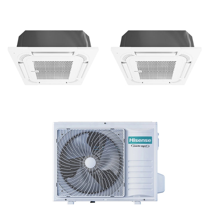 Hisense 2-fach-Split-Klimagerät Kassette Gewerbe, Inverter, Weiß – Außengerät R32 8 kW, Innengeräte 9000+18000 BTU 4AMW81U4RJC+ACT[26|52]UR4RCC8