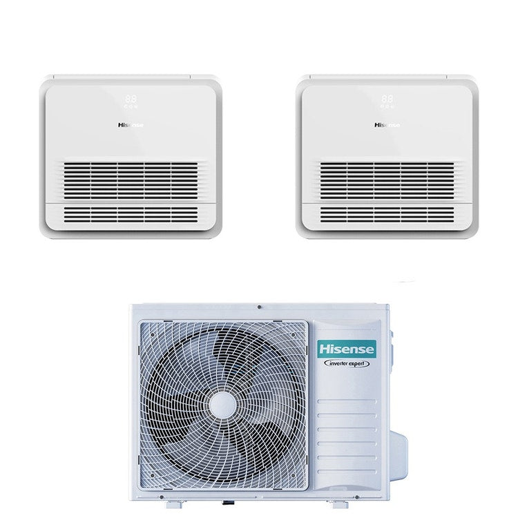 Hisense 2-fach-Split-Klimagerät Konsole Gewerbe, Inverter, WLAN, Weiß – Außengerät R32 5,2 kW, Innengeräte 9000+9000 BTU 3AMW52U4RJC+AKT[26|26]UR4RSK8