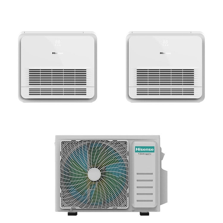 Hisense 2-fach-Split-Klimagerät Konsole Gewerbe, Inverter, WLAN, Weiß – Außengerät R32 4,1 kW, Innengeräte 9000+12000 BTU 2AMW42U4RGC+AKT[26|35]UR4RSK8