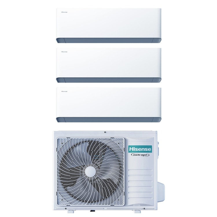 Hisense 3-fach-Split-Klimagerät UNI HB, Wandgerät, Inverter, WLAN, Weiß – Außengerät R32 8 kW, Innengeräte 9000+12000+12000 BTU 4AMW81U4RJC+HB[25|35|35]XU0AG