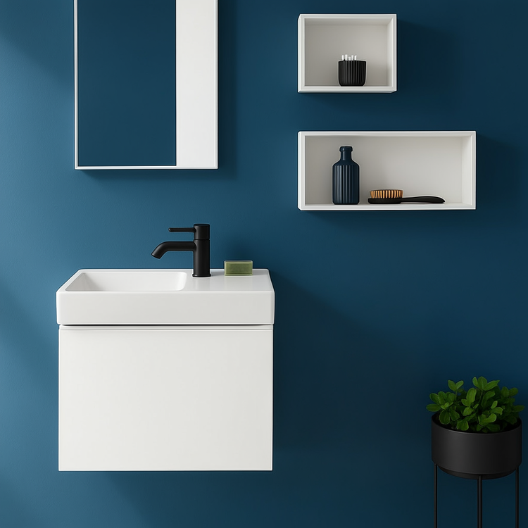 Geberit Set L. 53 cm mit einem Einloch-Waschbecken, Ablage für Armaturen rechts, Weiß glänzende Ausführung und Hängeschrank, mit 1 Schublade, Weiß glänzende Ausführung ICON 501.832.00.1-502.302.01.1