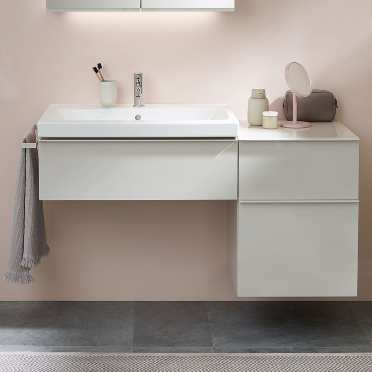 Geberit Set L. 75 cm mit Einloch-Waschbecken, weiße glänzende Ausführung, hängender Unterschrank mit 1 Schublade und hängender Seitenschrank mit 2 Schubladen, weiße glänzende Ausführung ICON 502.311.01.1-501.835.00.1-502.315.01.1
