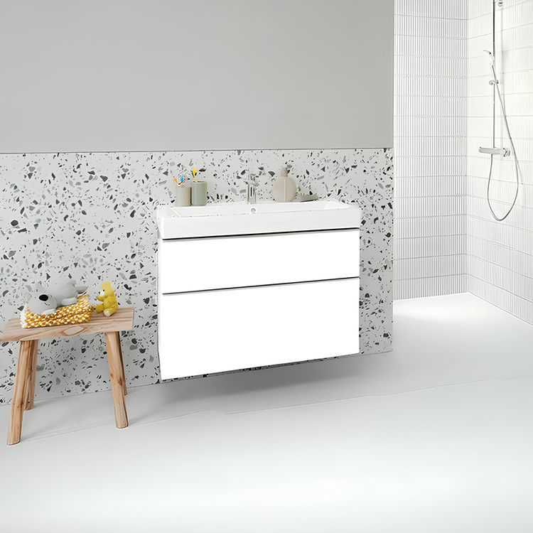 Geberit Set L. 90 cm mit Einloch-Waschtisch, Weiß, glänzende Oberfläche und hängendem Unterschrank mit 2 Schubladen, Weiß, glänzende Oberfläche ICON 502.305.01.1-501.836.00.1
