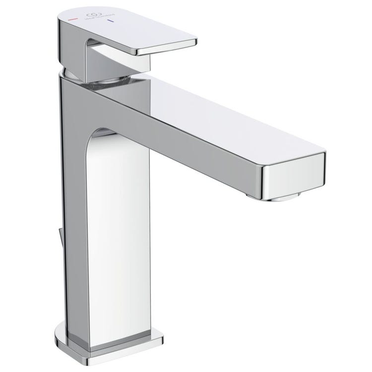 Ideal Standard Einhebelmischer für Waschbecken H. 17 cm, mit Kaltstart-System Bluestart, Bedienhebel und Ablaufstange, verchromt EDGE A7107AA