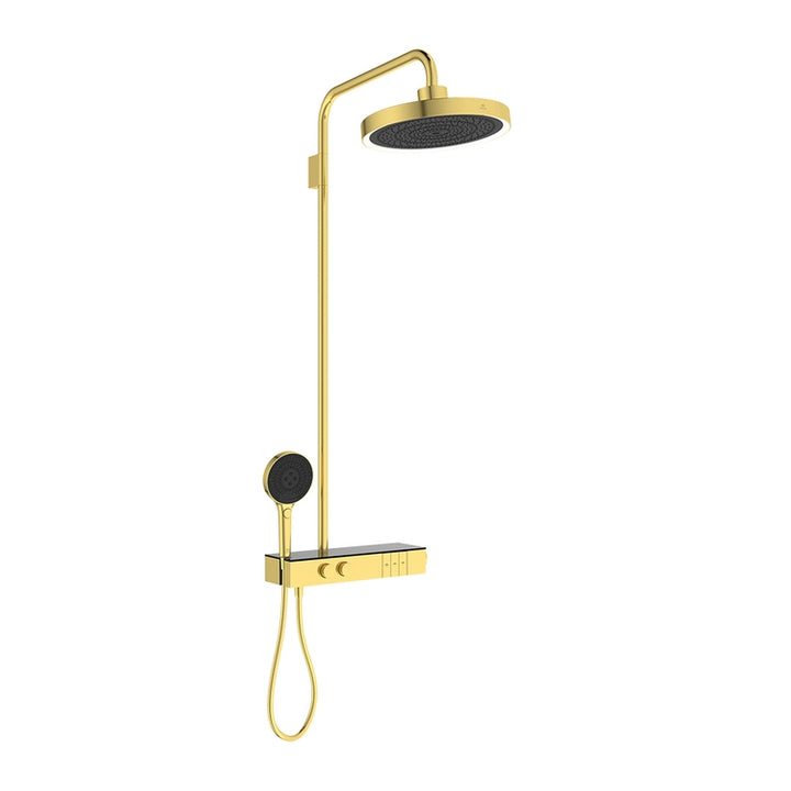 Ideal Standard Duschsäule mit rundem Duschkopf 22 cm und LED-Licht, Handbrause, Halterung, integrierte XXL-Ablage und 175 cm Schlauch, ohne Unterputzkörper, Oberfläche gebürstetes Gold SOLOS A7883A2
