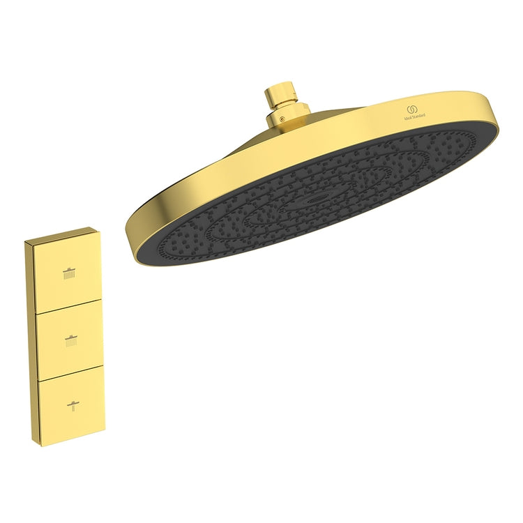 Ideal Standard Runder Duschkopf Ø 30 cm, 3 Strahlarten, mit schwenkbarem Gelenk, Oberfläche gebürstetes Gold SOLOS A7889A2