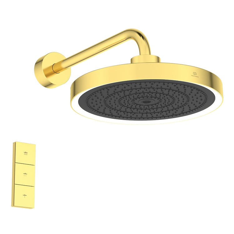 Ideal Standard Wandarm-Set und runder Brausekopf 33 cm, mit LED-Licht, ohne Unterputzkörper, gebürstete Goldoberfläche SOLOS A7890A2