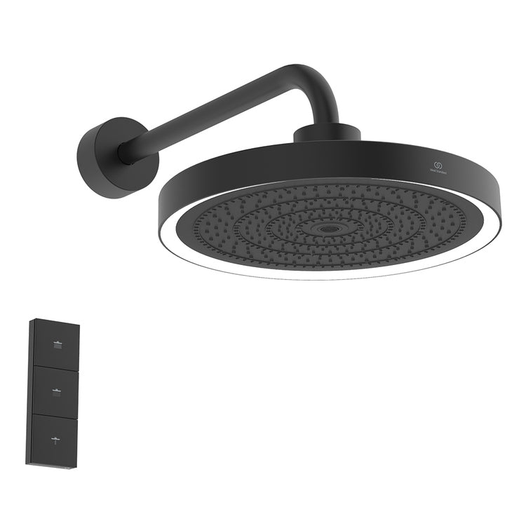 Ideal Standard Wandarm-Set und runder Duschkopf 33 cm, mit LED-Licht, ohne Unterputzkörper, Farbe Samtschwarz, matte Oberfläche SOLOS A7890XG