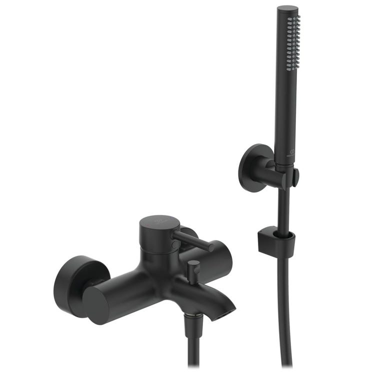 Ideal Standard Einhandmischer außen für Badewanne oder Dusche, mit Handbrause, Wandhalterung und Schlauch, Farbe Schwarz matt CERALINE BC270XG