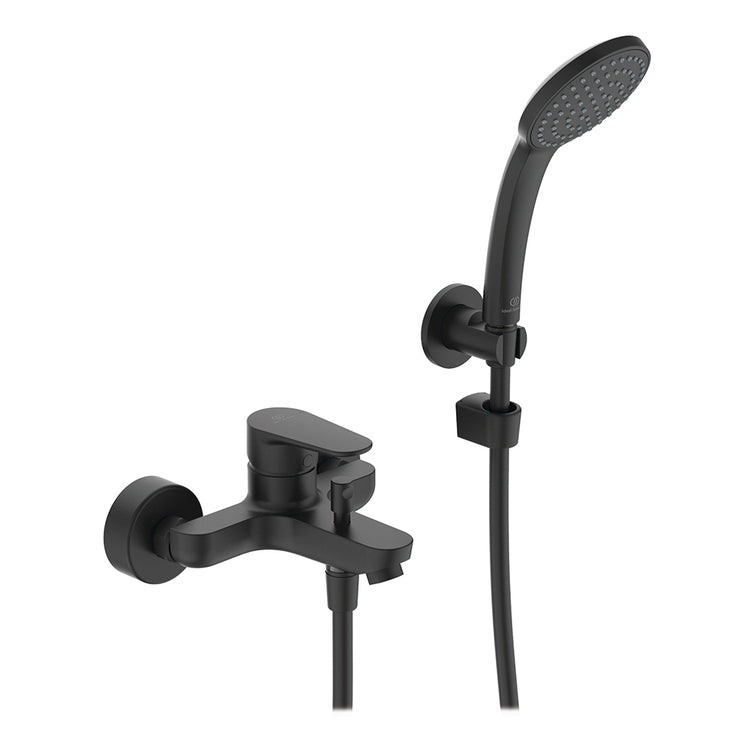 Ideal Standard Einhebelmischer für Badewanne/Dusche, mit Brause 1 Funktion, Wandhalterung und Schlauch 150 cm, Farbe Schwarz matt CERAFINE O BC706XG