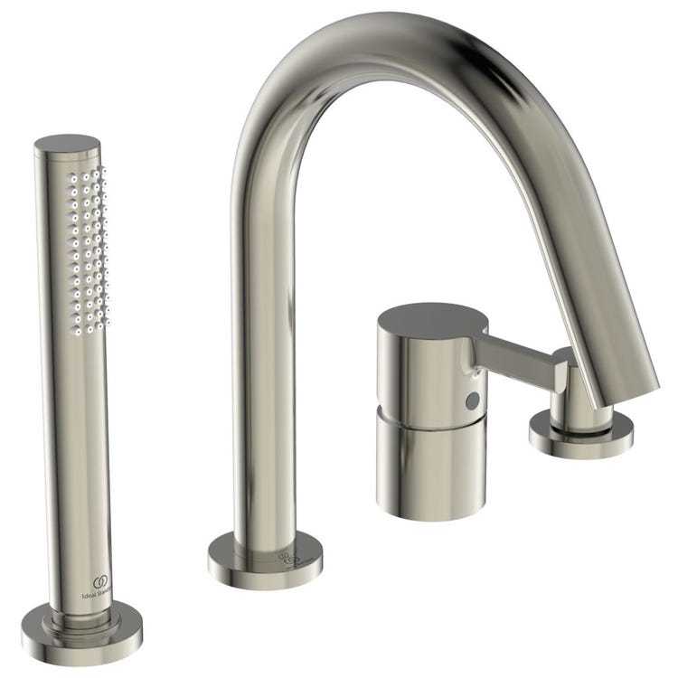 Ideal Standard Wannenrandgruppe 4 Loch, mit Umsteller, Auslass, Stabhandbrause mit 1 Funktion und Brausehalter, Oberfläche Silver Storm JOY BC789GN