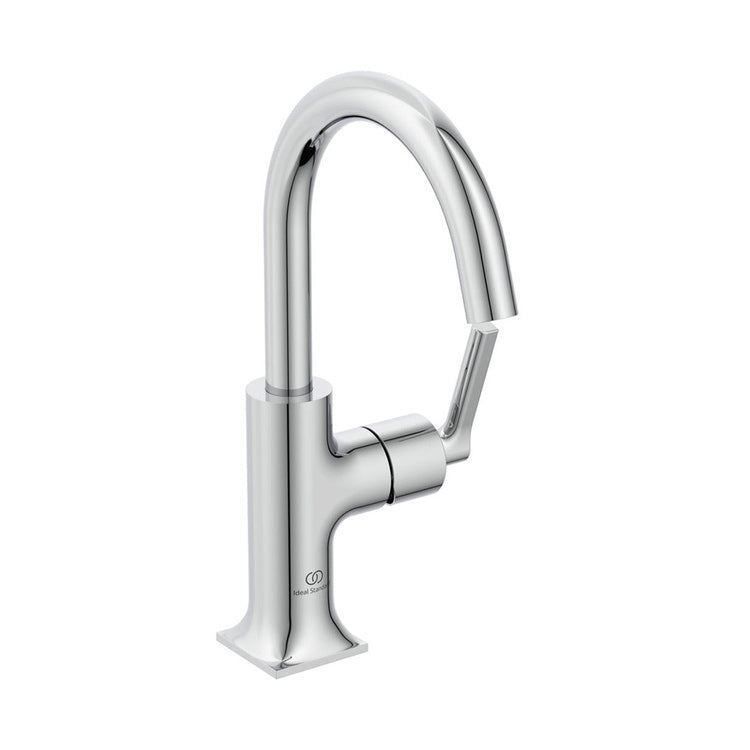 Ideal Standard Einhebelmischer H. 27 cm für Waschbecken, mit seitlichem linearem Griff, ohne Ablauf, mit schwenkbarer Auslauf, Chromoberfläche JOY NEO BD148AA