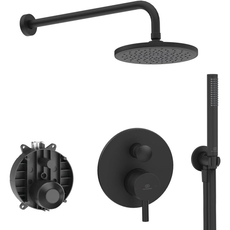 Ideal Standard Duschset mit Einhandmischer, rundem Duschkopf 20 cm, Ein-Funktions-Handbrause, Auslaufanschluss mit festem Halter und 175 cm Schlauch, Seidenschwarz, mattes Finish CERALINE BD192XG