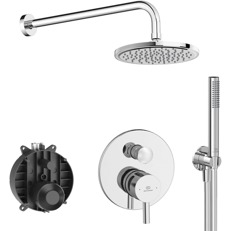 Ideal Standard Duschset mit Mischbatterie, runder Brausekopf 20 cm, Handbrause mit einer Funktion, Anschlussstück mit festem Halter und 175 cm Schlauch, Chromoberfläche CERALINE BD192AA