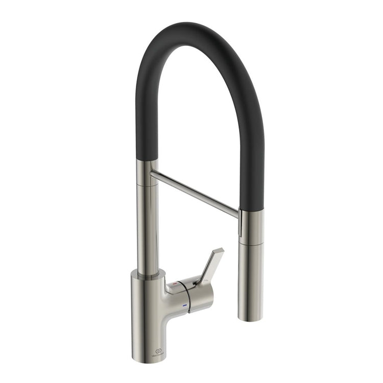 Ideal Standard Halbprofessioneller Mischarmatur H. 48 cm für Spüle, mit schwenkbarer und ausziehbarer Auslauf, Silber-Sturm-Finish GUSTO BD417GN