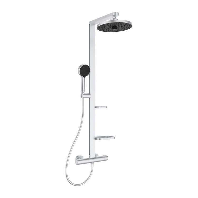 Ideal Standard ALU+ Duschsäule mit Thermostat, 2 Ablagen, Handbrause mit 2 Funktionen und runder Kopfbrause Ø 26 cm, Farbe matt Silber BD583SI