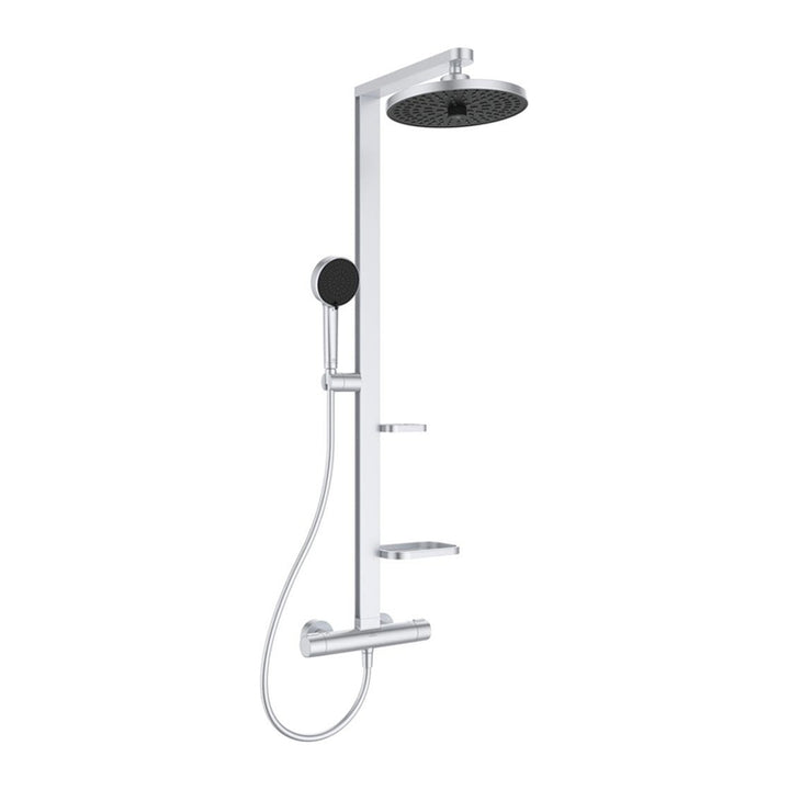 Ideal Standard ALU+ Duschsäule mit Thermostat, 2 Ablagen, Handbrause mit 2 Funktionen und runder Kopfbrause Ø 26 cm, Farbe matt Silber BD583SI