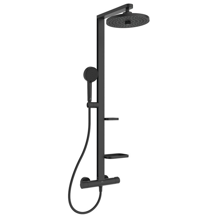 Ideal Standard ALU+ Duschsäule mit Thermostat, 2 Ablagen, Handbrause mit 2 Funktionen und rundem Kopfbrause Ø 26 cm, Seidenschwarz, matte Ausführung BD583XG