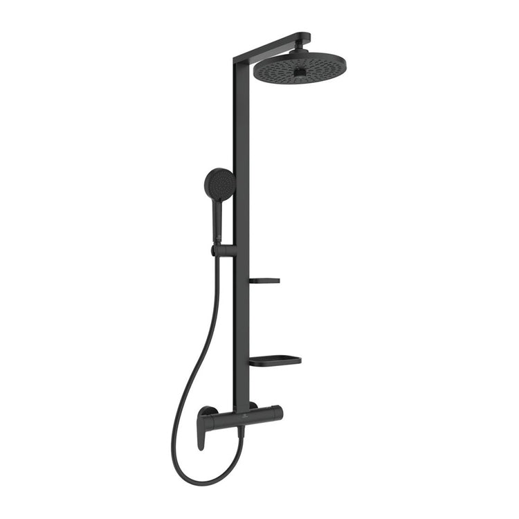 Ideal Standard ALU+ Duschsäule mechanisch mit 2 Ablagen, Handbrause mit 2 Funktionen und runder Kopfbrause Ø 26 cm, Farbe Seidenschwarz, matte Ausführung BD584XG