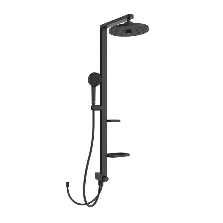 Ideal Standard ALU+ Duschsäule mit Umsteller, 2 Ablagen, Handbrause mit 2 Funktionen und runder Kopfbrause Ø 26 cm, passend zu Einbau- oder Aufputz-Einhebelmischer, seidenschwarze Farbe, mattes Finish BD585XG