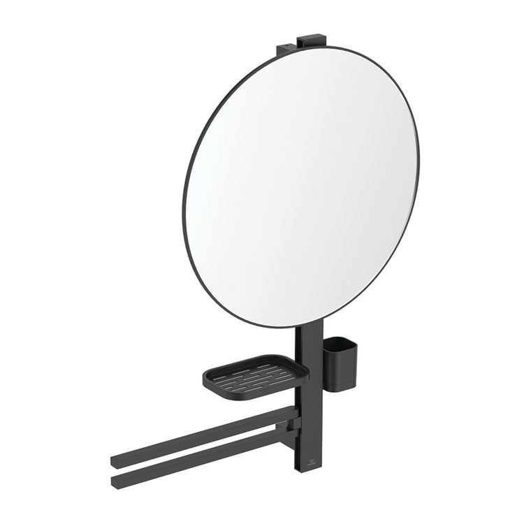 Ideal Standard ALU+ Multifunktionsleiste L, mit Spiegel Ø 50 cm, 2 Regalen und doppelter Handtuchstange, Farbe Seidenschwarz, matte Oberfläche BD587XG