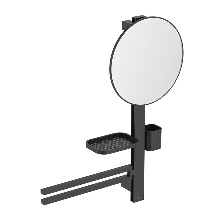 Ideal Standard ALU+ Multifunktionsleiste M, mit Spiegel Ø 32 cm, Ablage, Becher und doppelte Handtuchstange, Farbe Seidenschwarz, matte Oberfläche BD588XG