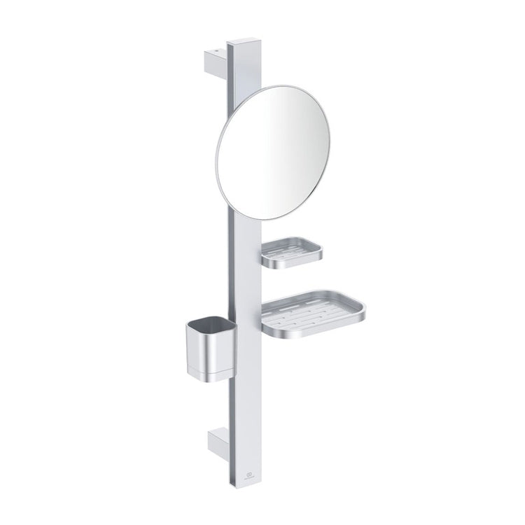 Ideal Standard ALU+ Multifunktionsleiste S, mit Vergrößerungsspiegel Ø 20 cm, 2 Regalen und Becher, Farbe matt silber BD589SI