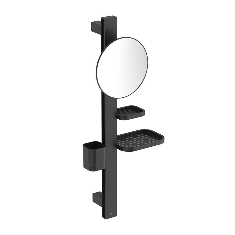 Ideal Standard ALU+ Multifunktionsleiste S, mit Vergrößerungsspiegel Ø 20 cm, 2 Regale und Becher, Farbe Seidenschwarz, matte Oberfläche BD589XG