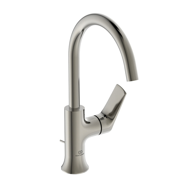 Ideal Standard Einhandmischer mit hohem Auslauf für Waschbecken, mit Bedienstange und 1-1/4" Ablaufgarnitur, Oberfläche Silver Storm LA DOLCE VITA BD657GN