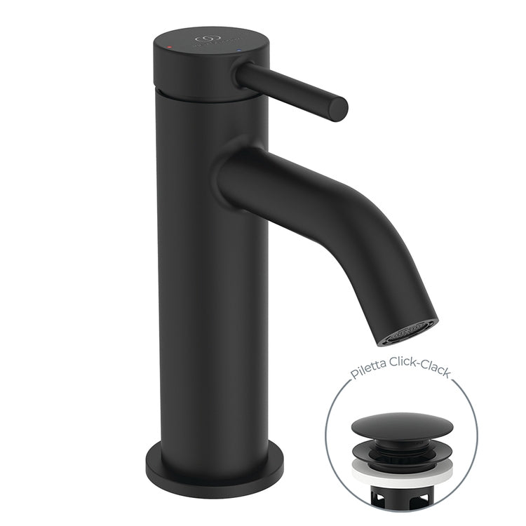 Ideal Standard Einhebelmischer H. 15 cm für Waschbecken, mit Click-Clack-Ablaufventil, mit BlueStart-System, Farbe Schwarz matt CERALINE BD759XG