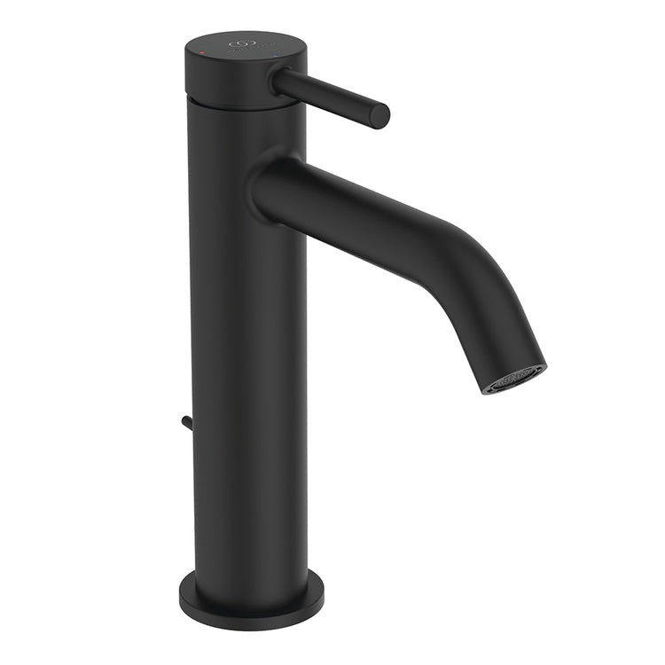 Ideal Standard Einhebelmischer H. 19 cm für Waschbecken, mit Bedienhebel und Ablaufventil 1-1/4", mit BlueStart-System, Farbe Schwarz, matt CERALINE BD761XG