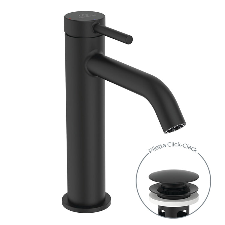 Ideal Standard Einhebelmischer H. 19 cm für Waschbecken, mit Click-Clack-Ablaufventil, mit BlueStart-System, Farbe Schwarz matt CERALINE BD959XG