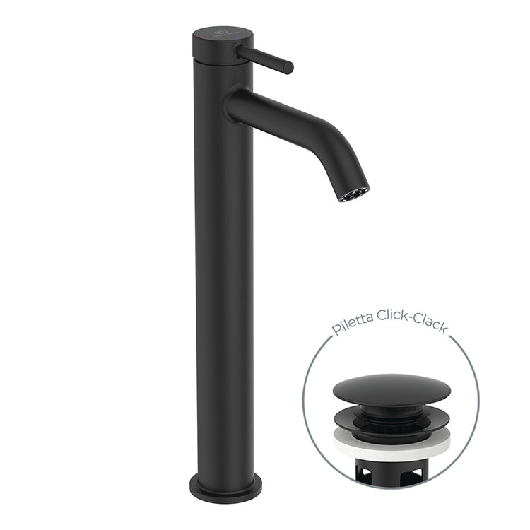 Ideal Standard Einhebelmischer H. 31 cm für Waschbecken, mit Click-Clack-Ablaufventil, mit BlueStart-System, Farbe Schwarz matt CERALINE BD960XG