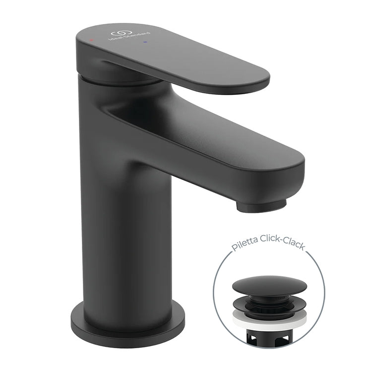 Ideal Standard Einhebelmischer H. 13 cm für Waschbecken, Ablaufventil Click-Clack und BlueStart-System, Farbe Schwarz matt CERAFINE O BD964XG