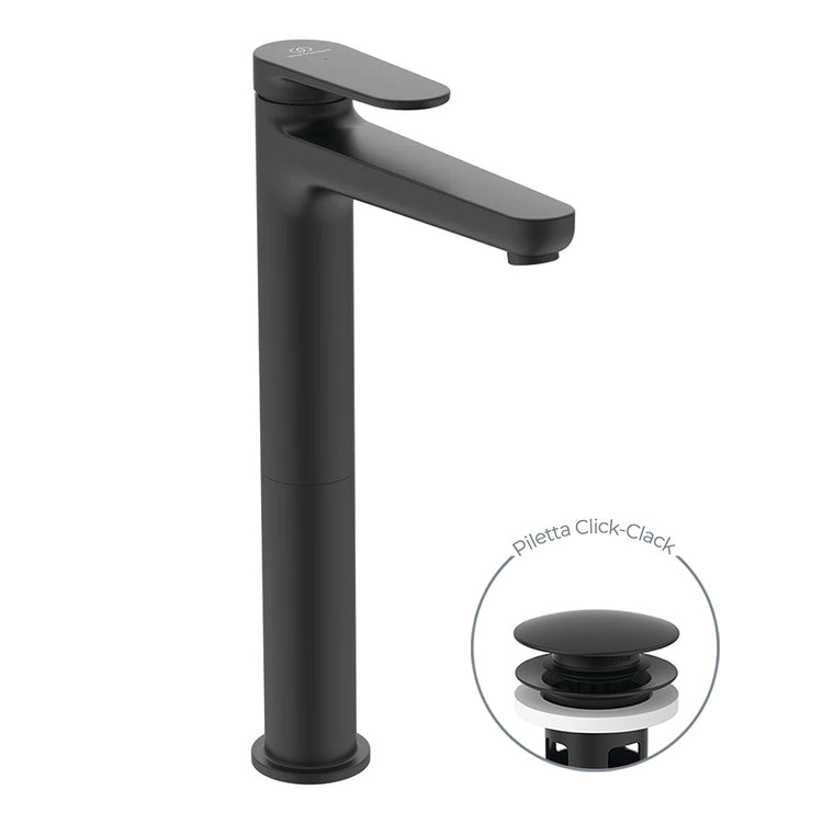 Ideal Standard Einhebelmischer H. 29 cm für Waschbecken, mit Click-Clack-Exzenterablauf, mit BlueStart-System, Farbe Schwarz matt CERAFINE O BD966XG