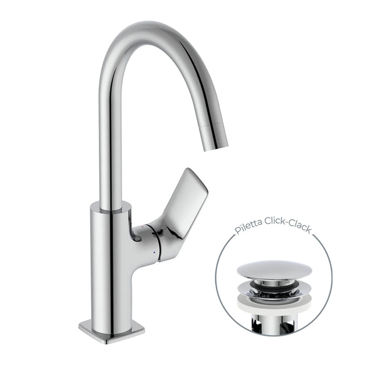 Ideal Standard Einhebelmischer für Waschbecken, mit Rohrauslauf, mit Click-Click-Ablauf, Chromoberfläche CERALIFE C BE054AA