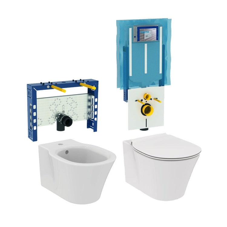 Ideal Standard Komplettes Wand-Sanitärzubehör, Toilette mit Soft-Close-Sitz und Ein-Loch-Bidet, Weiß mit glänzender Oberfläche, Combifix-Installationsmodule für Mauerwerkswände 110.790.00.1-Connect AIR 110.790.00.1-CONNECT