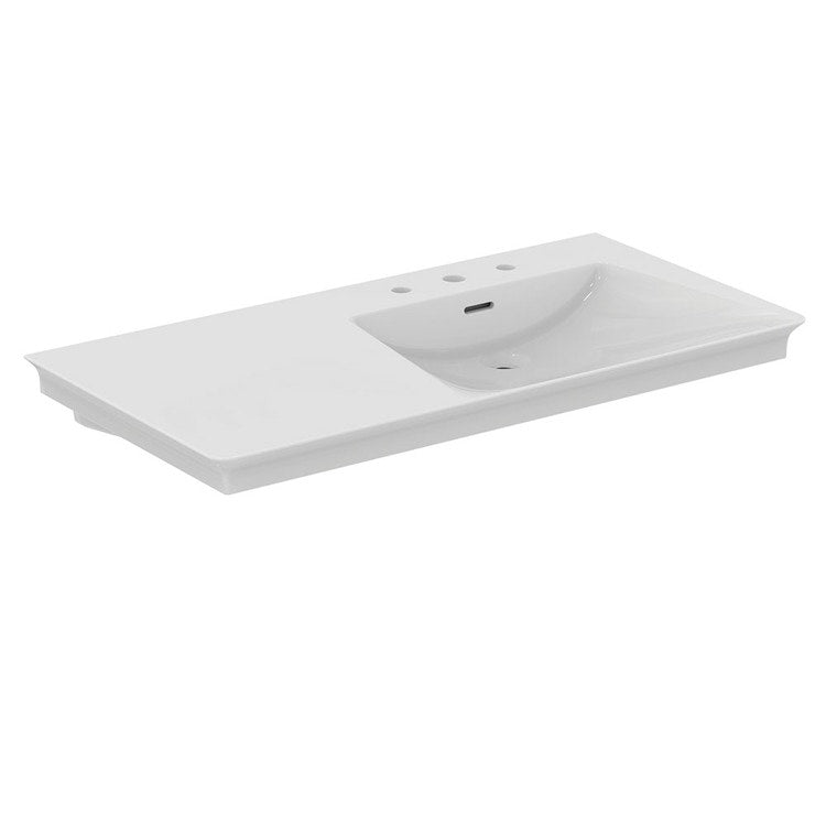 Ideal Standard Asymmetrische Aufsatzwaschtisch L. 106 cm, mit 3 Armaturenlöchern rechts, mit Überlauf, Weiß, glänzende Oberfläche LA DOLCE VITA E267901